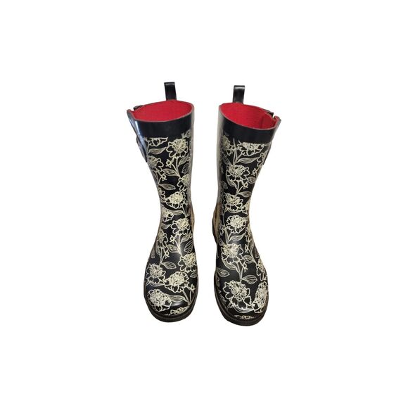 Capelli New York Chooka Rain Boot Women 7 Black Floral Waterproof Red Lining - Picture 3 of 7